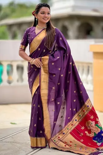 wine soft paithani style silk blend with meenakari border and lord ganesha pallu saree