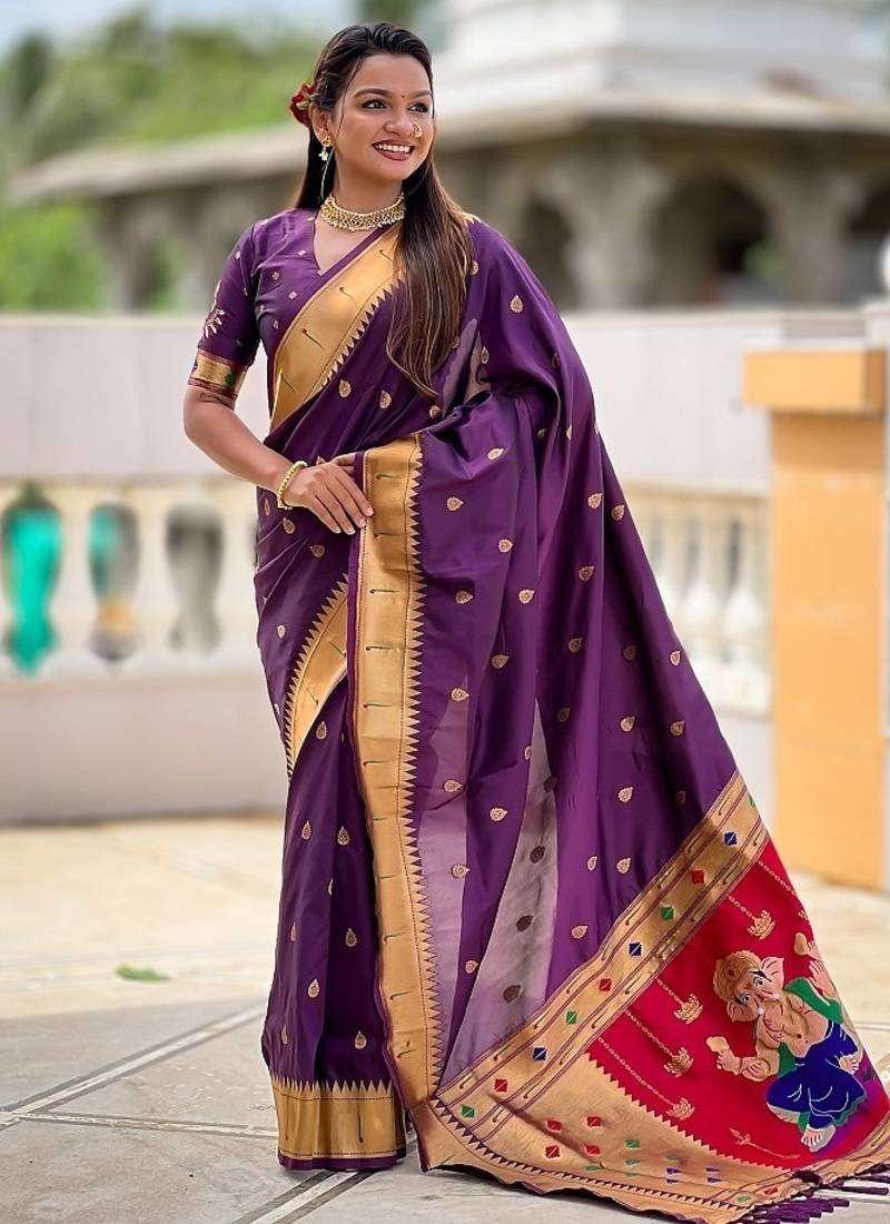 wine soft paithani style silk blend with meenakari border and lord ganesha pallu saree