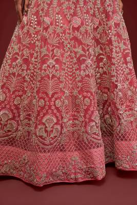 pink net embroidered diwali lehenga choli with free size upto 42 4