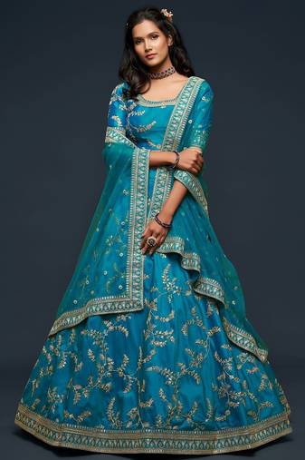 teal blue art silk embroidered navratri lehenga choli with free size upto 42