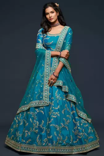 teal blue art silk embroidered Navratri lehenga choli