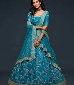 teal blue art silk embroidered Navratri lehenga choli