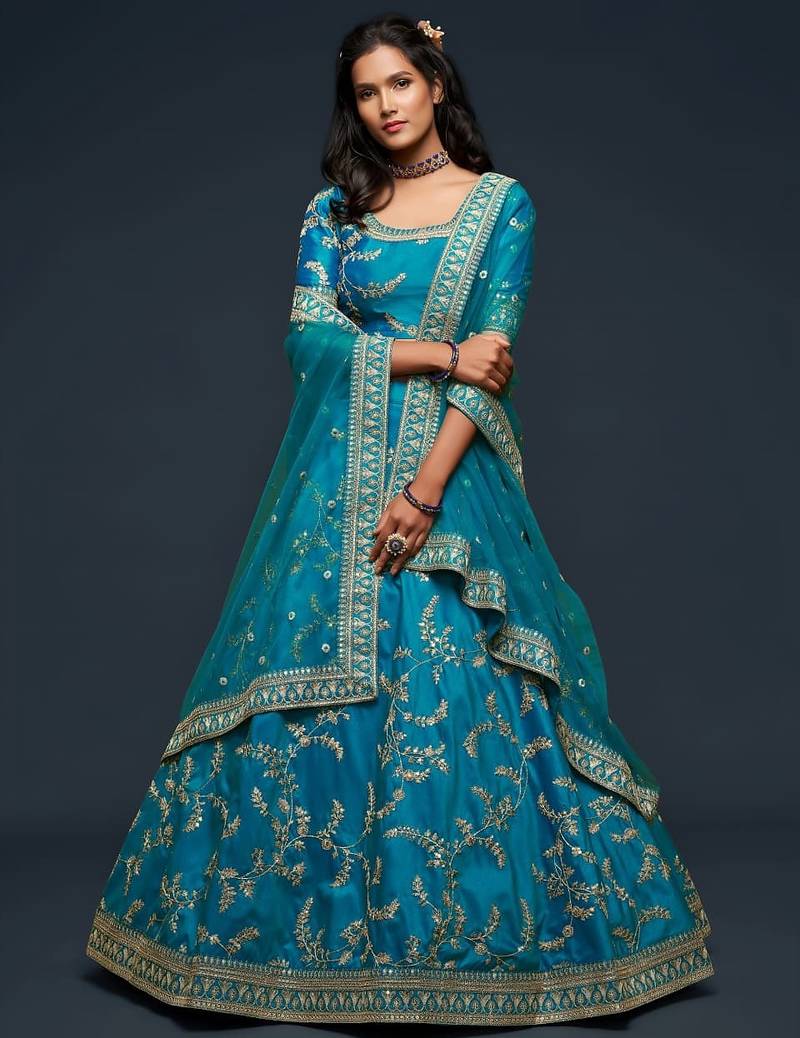 teal blue art silk embroidered Navratri lehenga choli