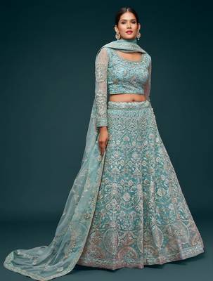 aqua blue net embroidered diwali lehenga choli with free size upto 42 1