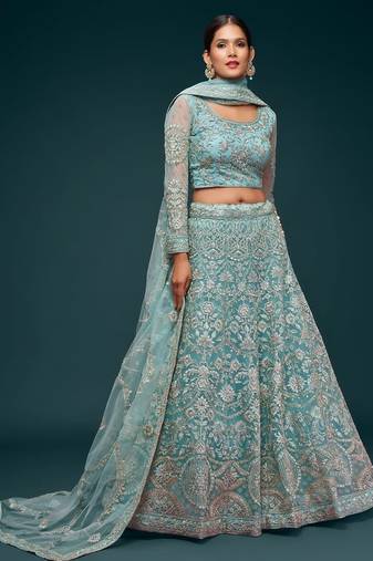 aqua blue net embroidered Diwali lehenga choli