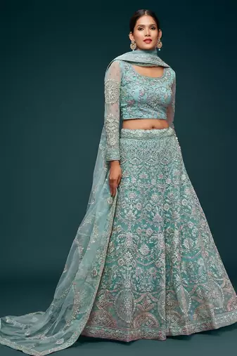 aqua blue net embroidered Diwali lehenga choli