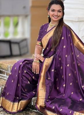 wine soft paithani style silk blend with meenakari border and lord ganesha pallu saree 4
