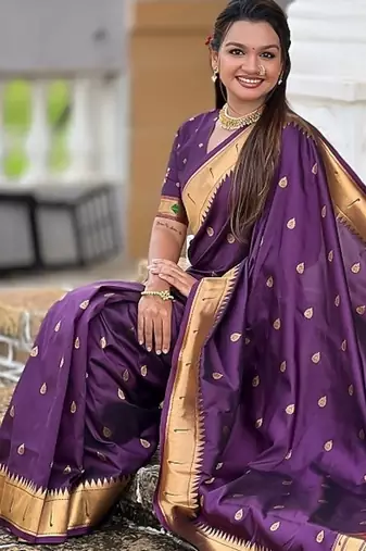 wine soft paithani style silk blend with meenakari border and lord ganesha pallu saree