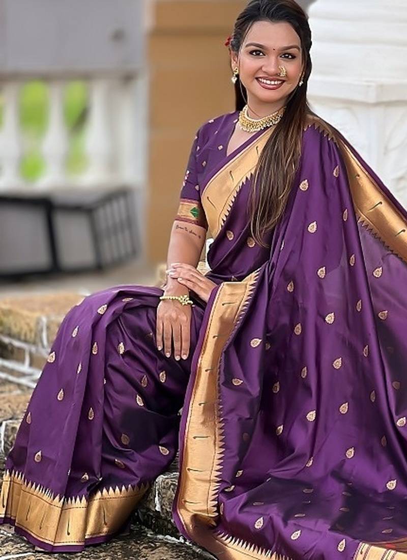 wine soft paithani style silk blend with meenakari border and lord ganesha pallu saree