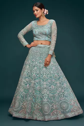 aqua blue net embroidered Diwali lehenga choli