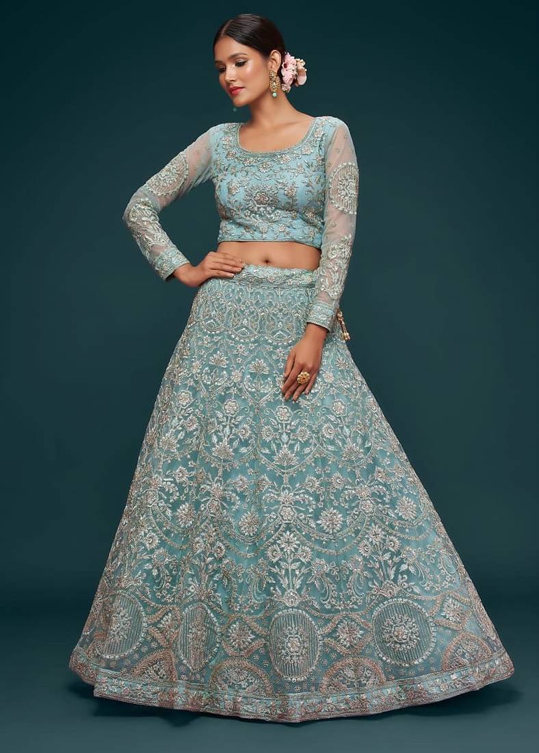 aqua blue net embroidered Diwali lehenga choli