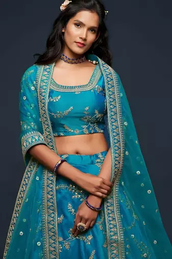teal blue art silk embroidered Navratri lehenga choli