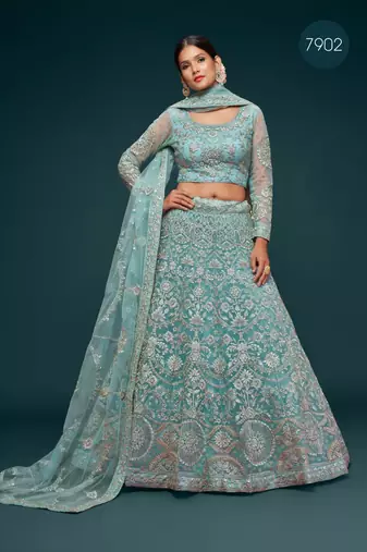 aqua blue net embroidered Diwali lehenga choli