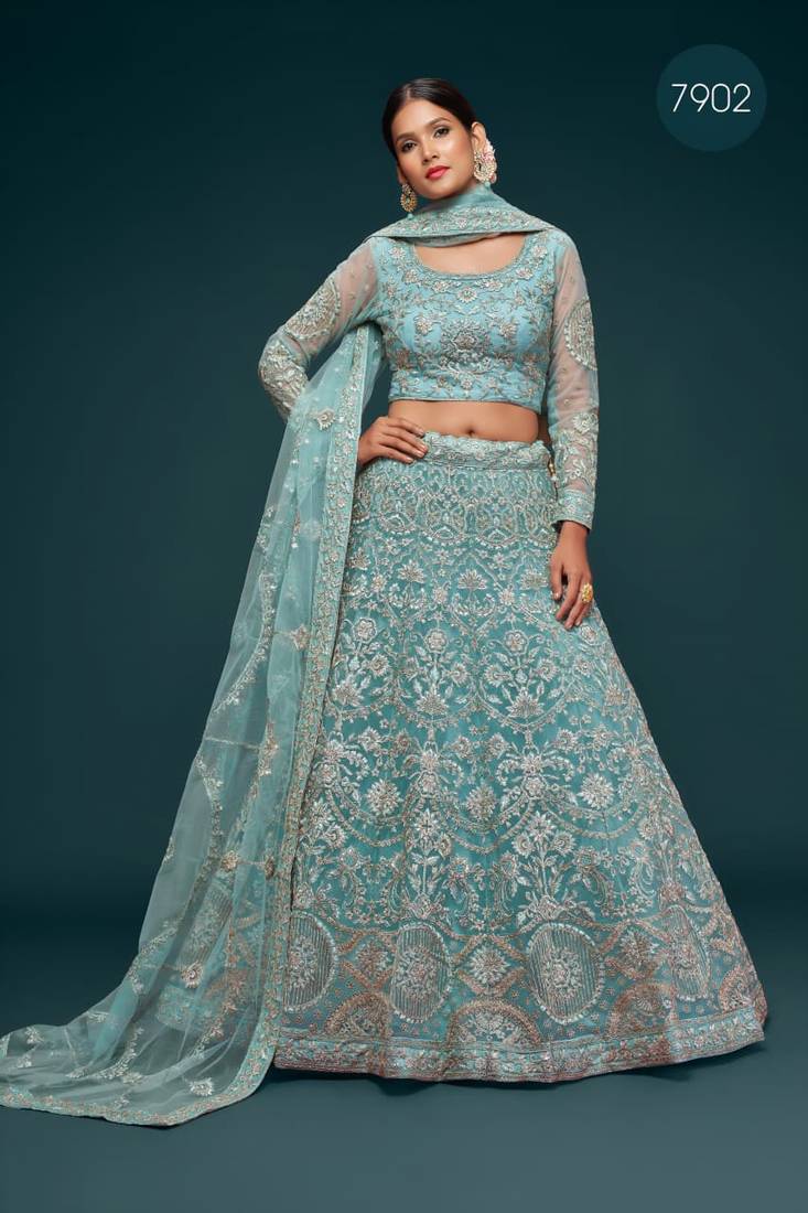 aqua blue net embroidered Diwali lehenga choli