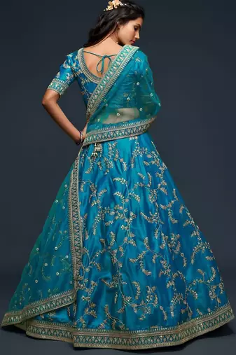 teal blue art silk embroidered Navratri lehenga choli