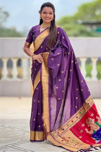 wine soft paithani style silk blend with meenakari border and lord ganesha pallu saree
