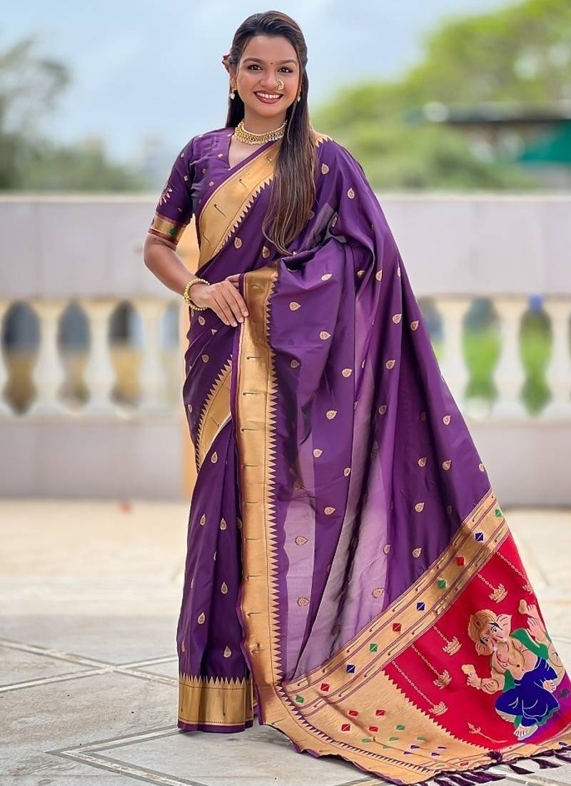wine soft paithani style silk blend with meenakari border and lord ganesha pallu saree