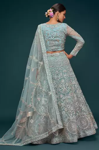 aqua blue net embroidered Diwali lehenga choli