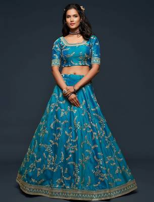 teal blue art silk embroidered navratri lehenga choli with free size upto 42 4