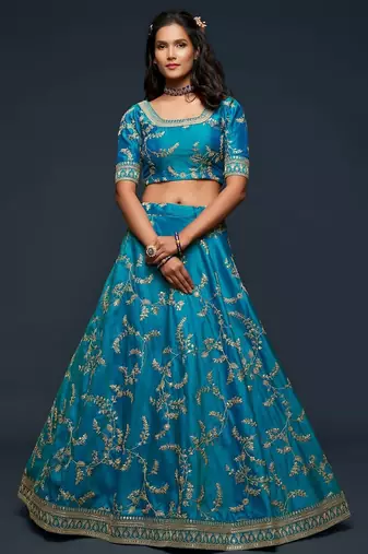 teal blue art silk embroidered Navratri lehenga choli