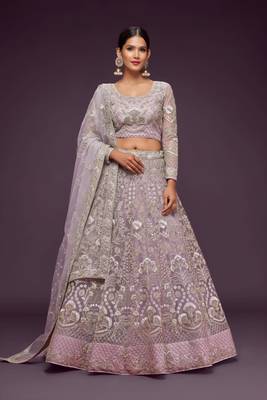 lavender net embroidered wedding lehenga choli with free size upto 42 1