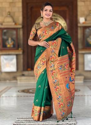 green soft paithani style silk blend with zari weaving meenakari saree with blouse 1