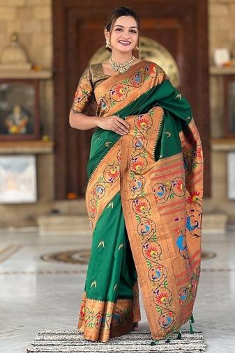 green soft paithani style silk blend with zari weaving meenakari saree with blouse