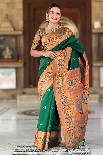 green soft paithani style silk blend with zari weaving meenakari saree with blouse