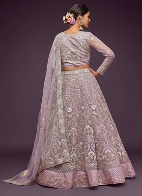 lavender net embroidered wedding lehenga choli with free size upto 42 2