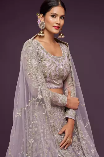 lavender net embroidered Wedding lehenga choli