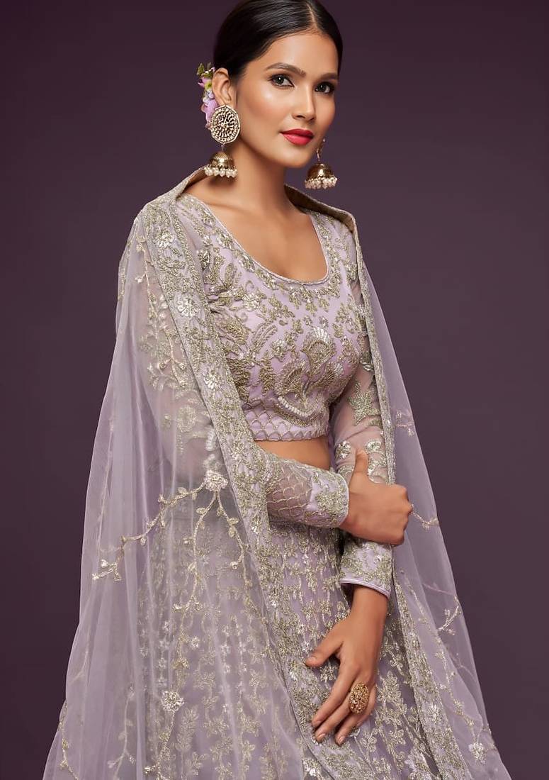 lavender net embroidered Wedding lehenga choli