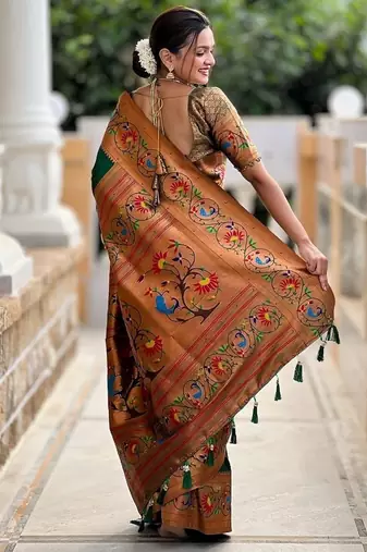 green soft paithani style silk blend with zari weaving meenakari saree with blouse