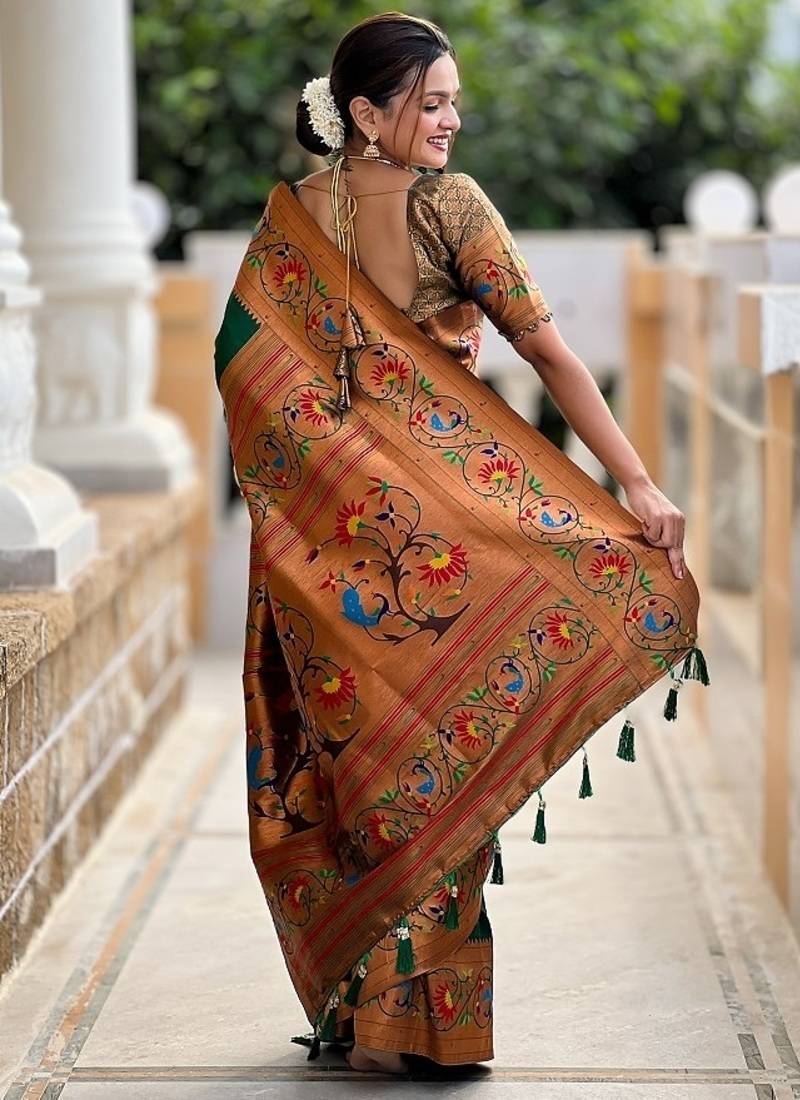 green soft paithani style silk blend with zari weaving meenakari saree with blouse
