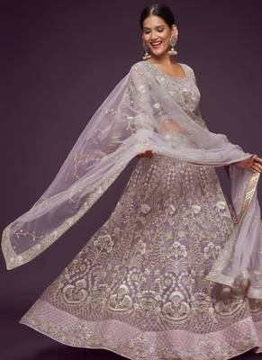 lavender net embroidered wedding lehenga choli with free size upto 42 4