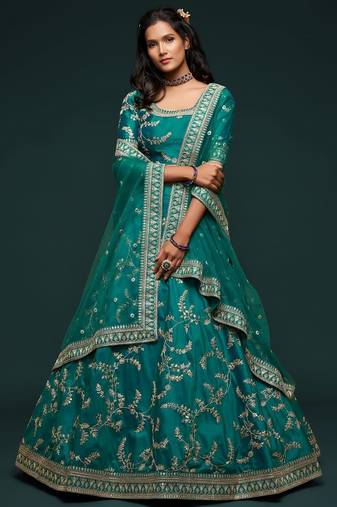 teal green art silk embroidered navratri lehenga choli with free size upto 42