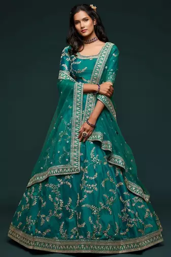 teal green art silk embroidered Navratri lehenga choli