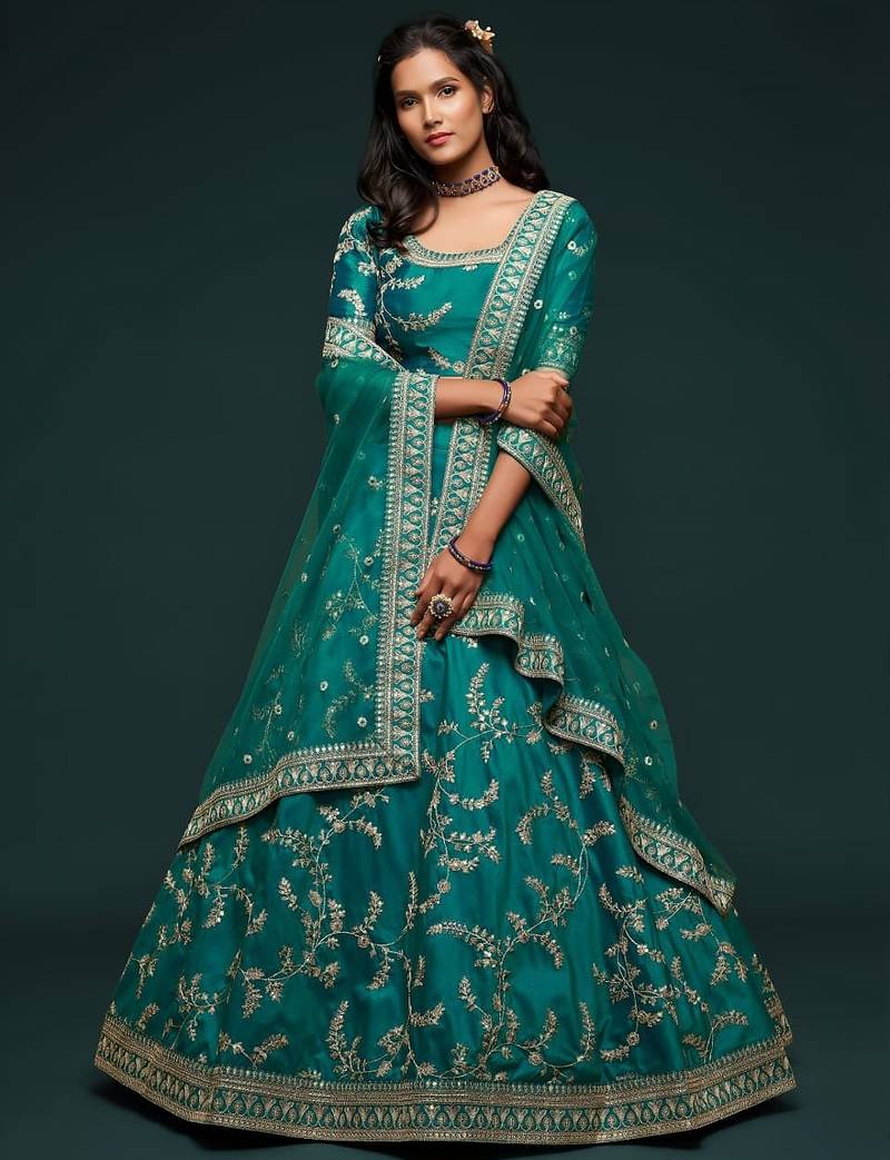 teal green art silk embroidered Navratri lehenga choli