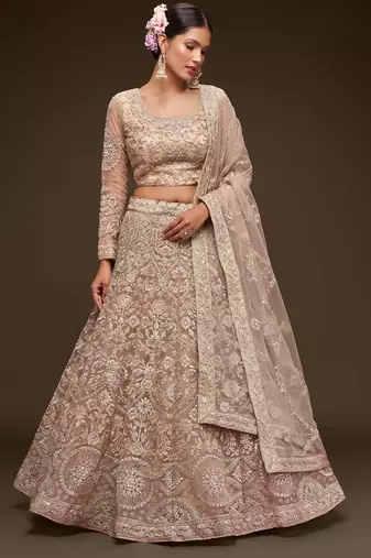 beige net embroidered Wedding lehenga choli