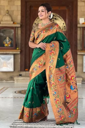 green soft paithani style silk blend with zari weaving meenakari saree with blouse