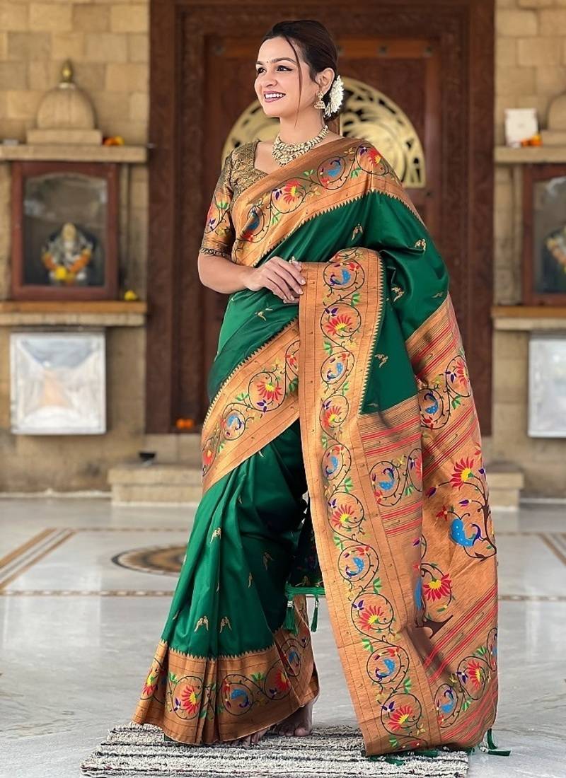 green soft paithani style silk blend with zari weaving meenakari saree with blouse