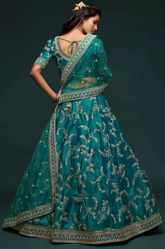 teal green art silk embroidered Navratri lehenga choli
