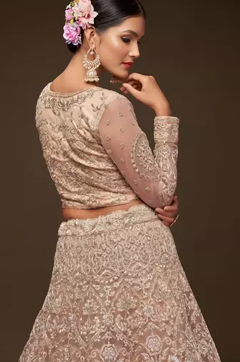 beige net embroidered Wedding lehenga choli