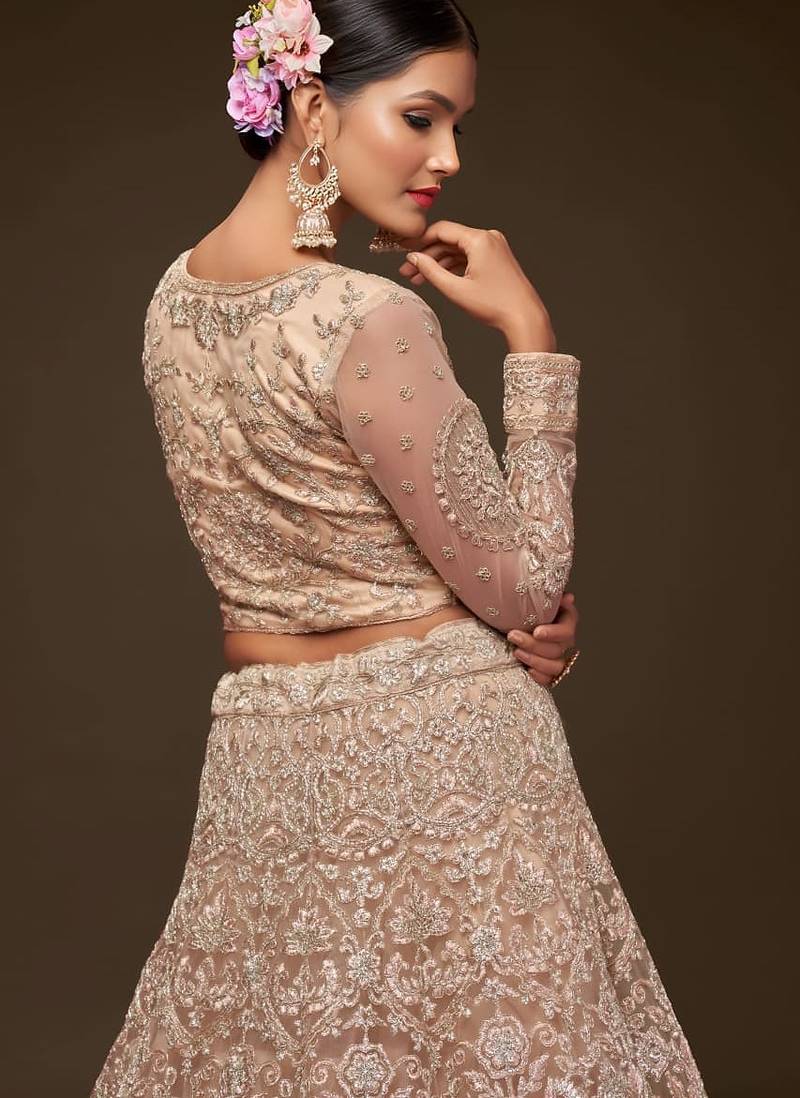 beige net embroidered Wedding lehenga choli
