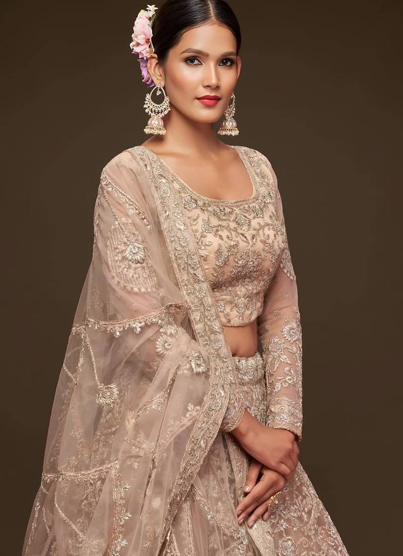 beige net embroidered Wedding lehenga choli