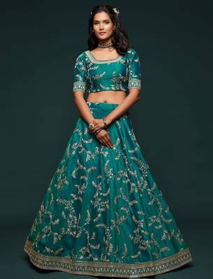 teal green art silk embroidered navratri lehenga choli with free size upto 42 3