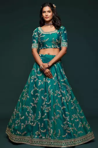 teal green art silk embroidered Navratri lehenga choli
