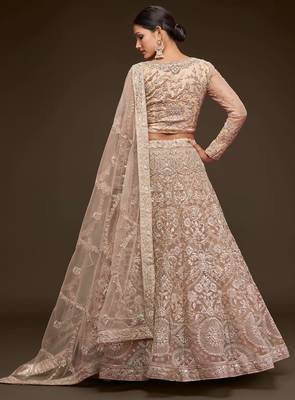 beige net embroidered wedding lehenga choli with free size upto 42 4