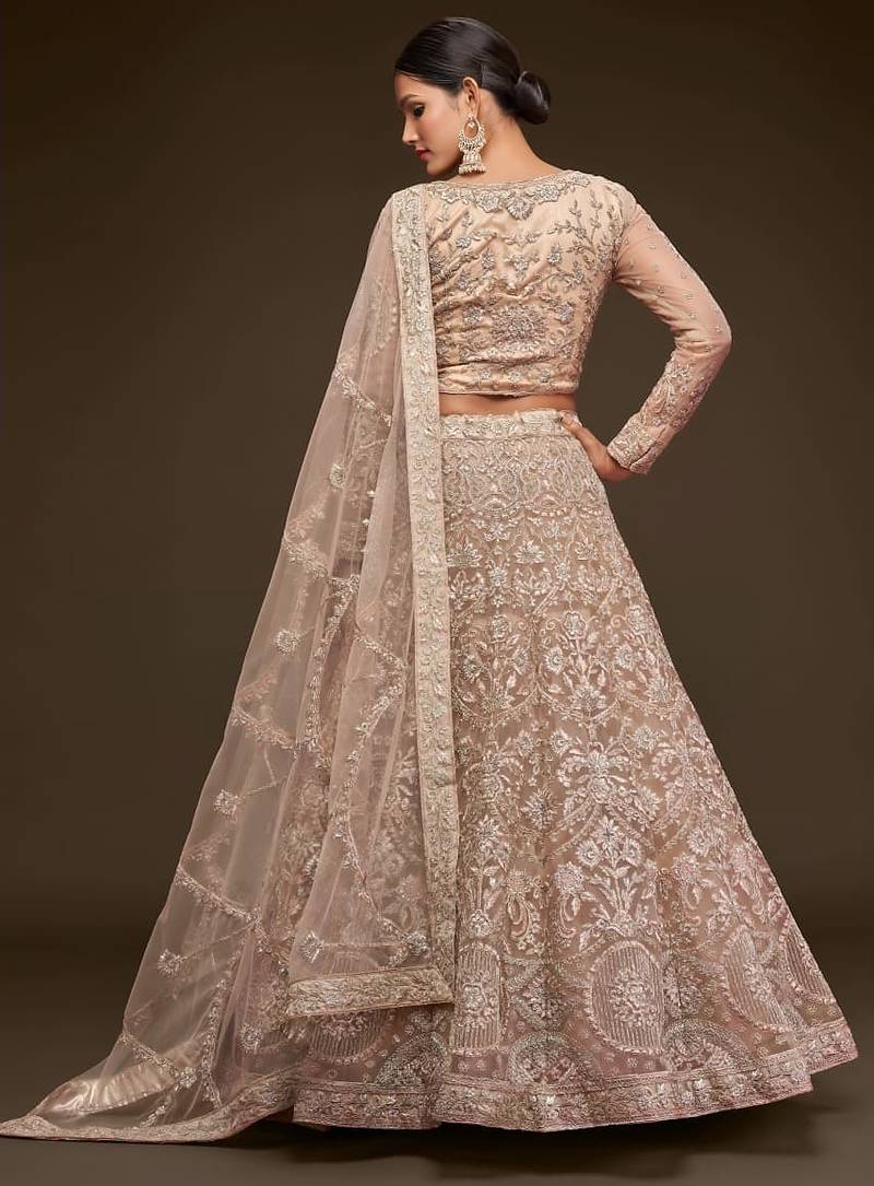 beige net embroidered Wedding lehenga choli