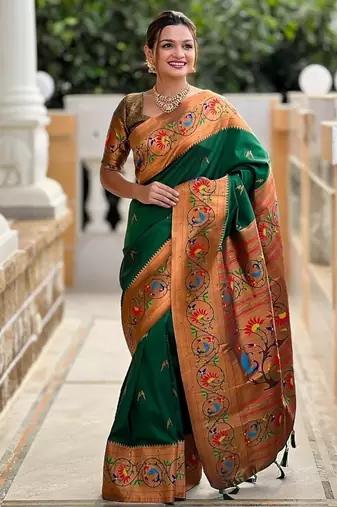 green soft paithani style silk blend with zari weaving meenakari saree with blouse