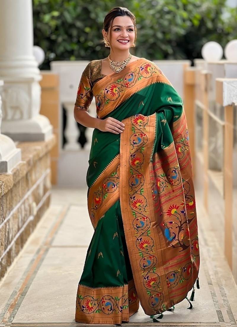 green soft paithani style silk blend with zari weaving meenakari saree with blouse